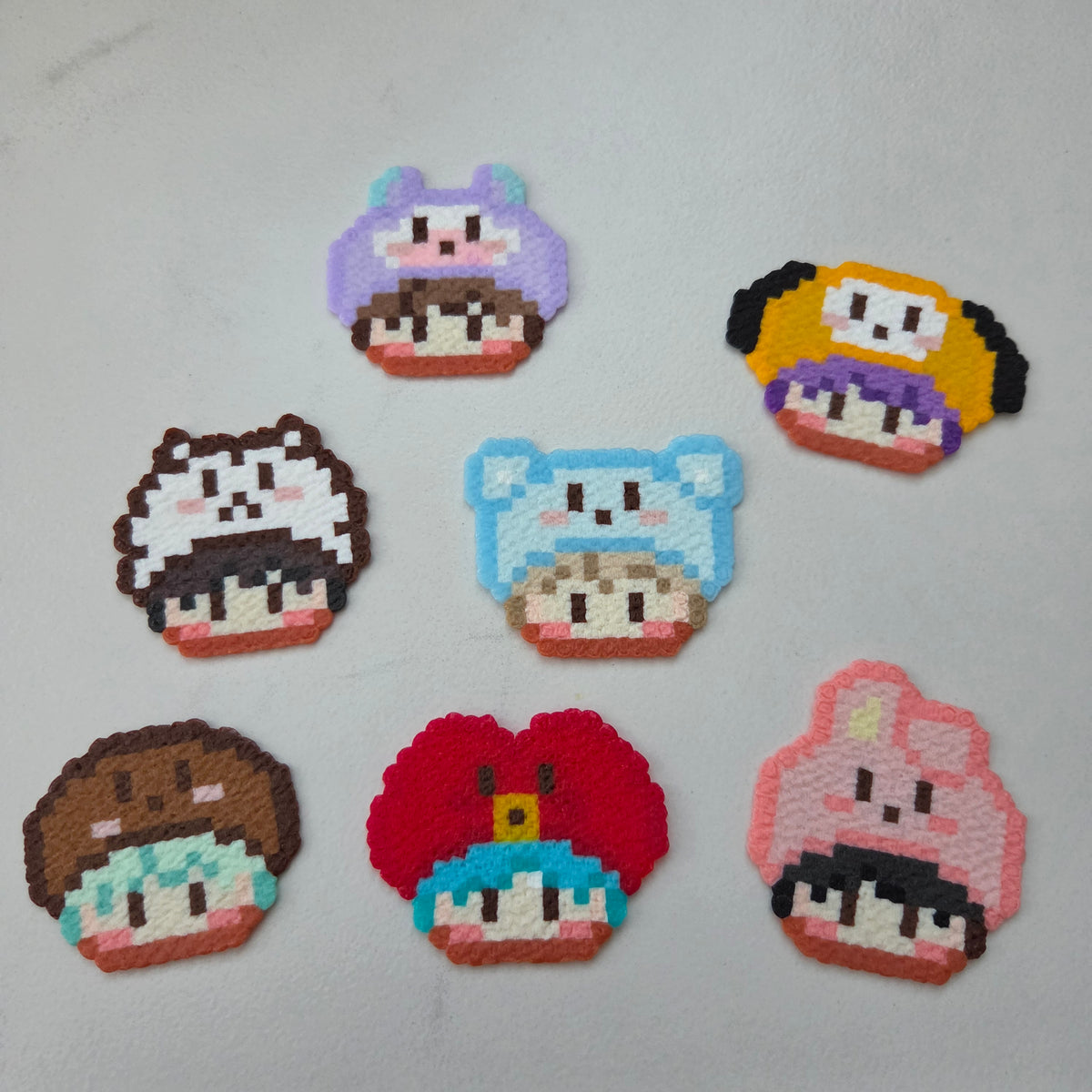 Cute BT21-inspired pixel art, handmade bead by bead